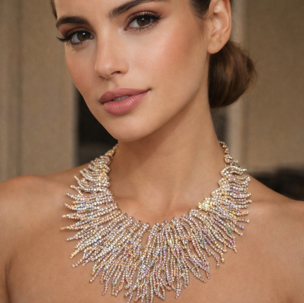 Elegant NATASHA COUTURE Golden Aurora Borealis Statement Bib Necklace